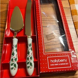 NEW - HOLLYBERRY CAKE KNIFE & SERVER SET - PORCELAIN HANDLES & STAINLESS STEEL